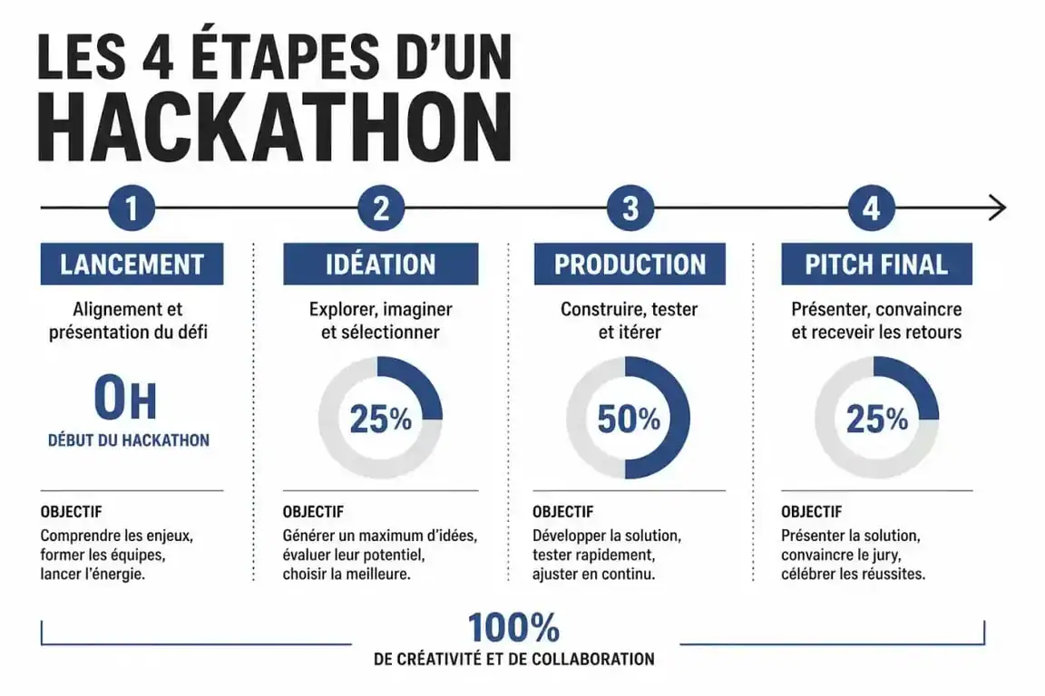 Infographie du déroulement type d'un hackathon : de l'idéation au pitch final