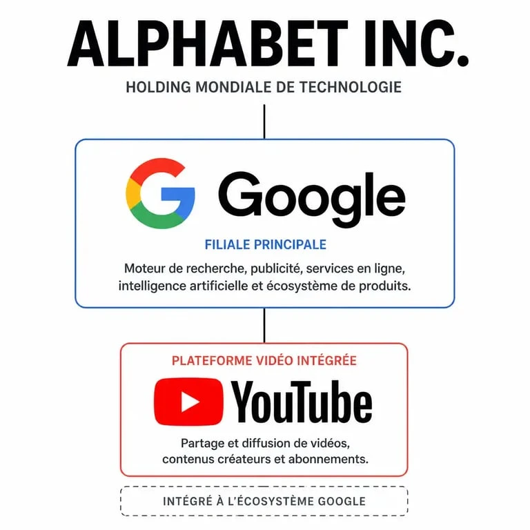 Schéma de la structure organisationnelle d'Alphabet Inc. montrant l'appartenance de YouTube à Google