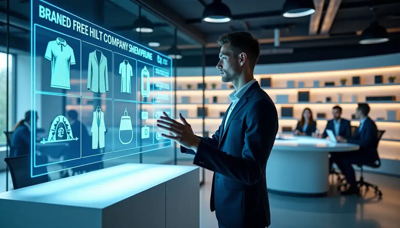 Businessman interacts with a futuristic digital company store display in a modern office setting.