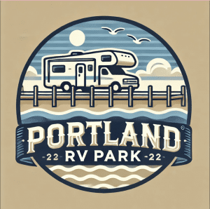 Portland, TX RV Park Portland RV Park logo, Portland Texas—circular design with RV by fence, birds, sun, clouds; retro blue-beige Corpus Christi vibe.