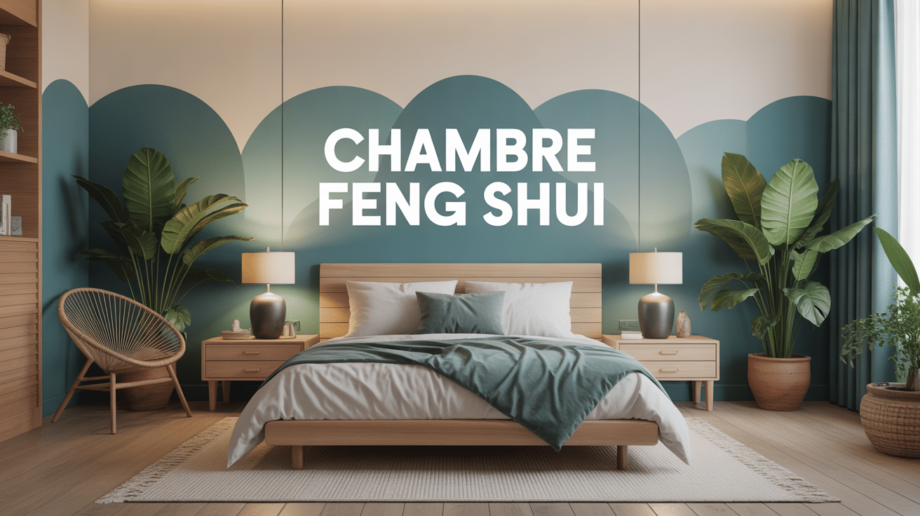 Chambre feng shui moderne, lit positionné avec harmonie, murs bleus et beige, plantes vertes, mobilier naturel