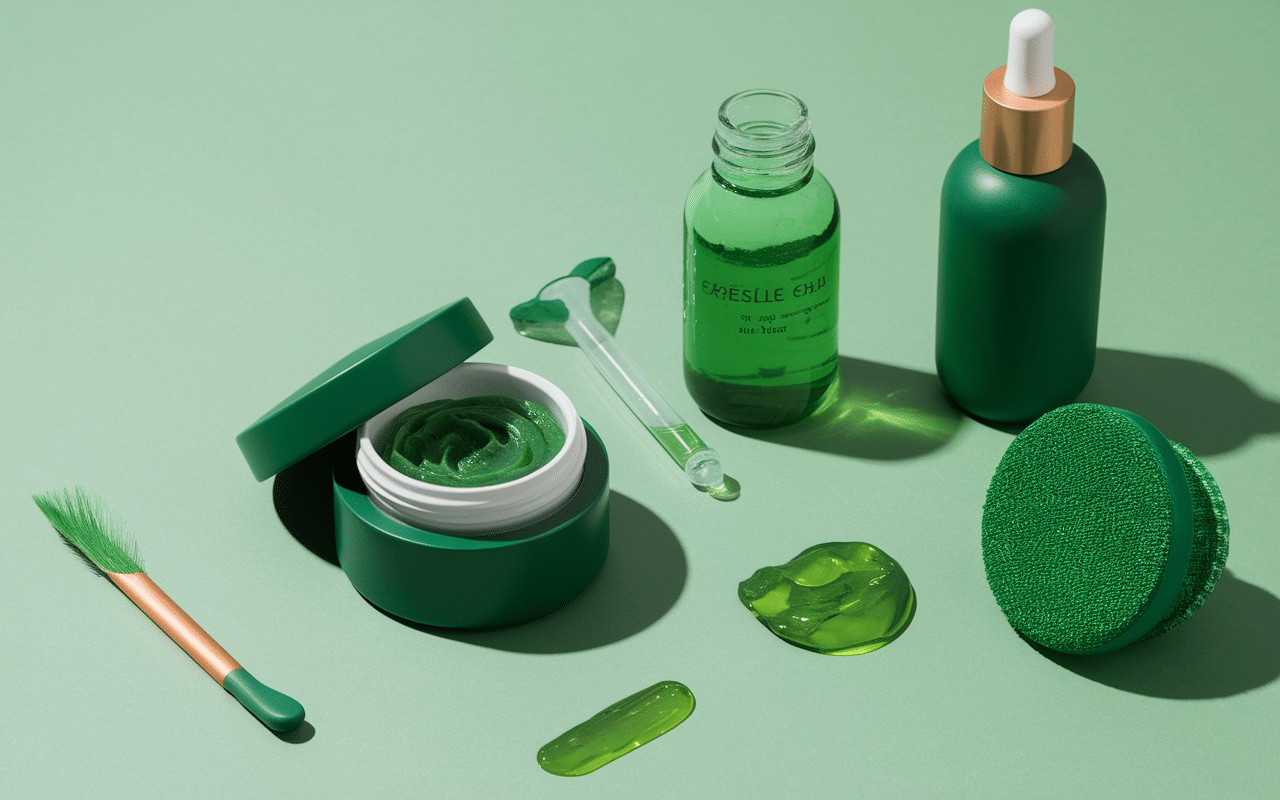 salle de bain moderne avec produits skincare matcha verts