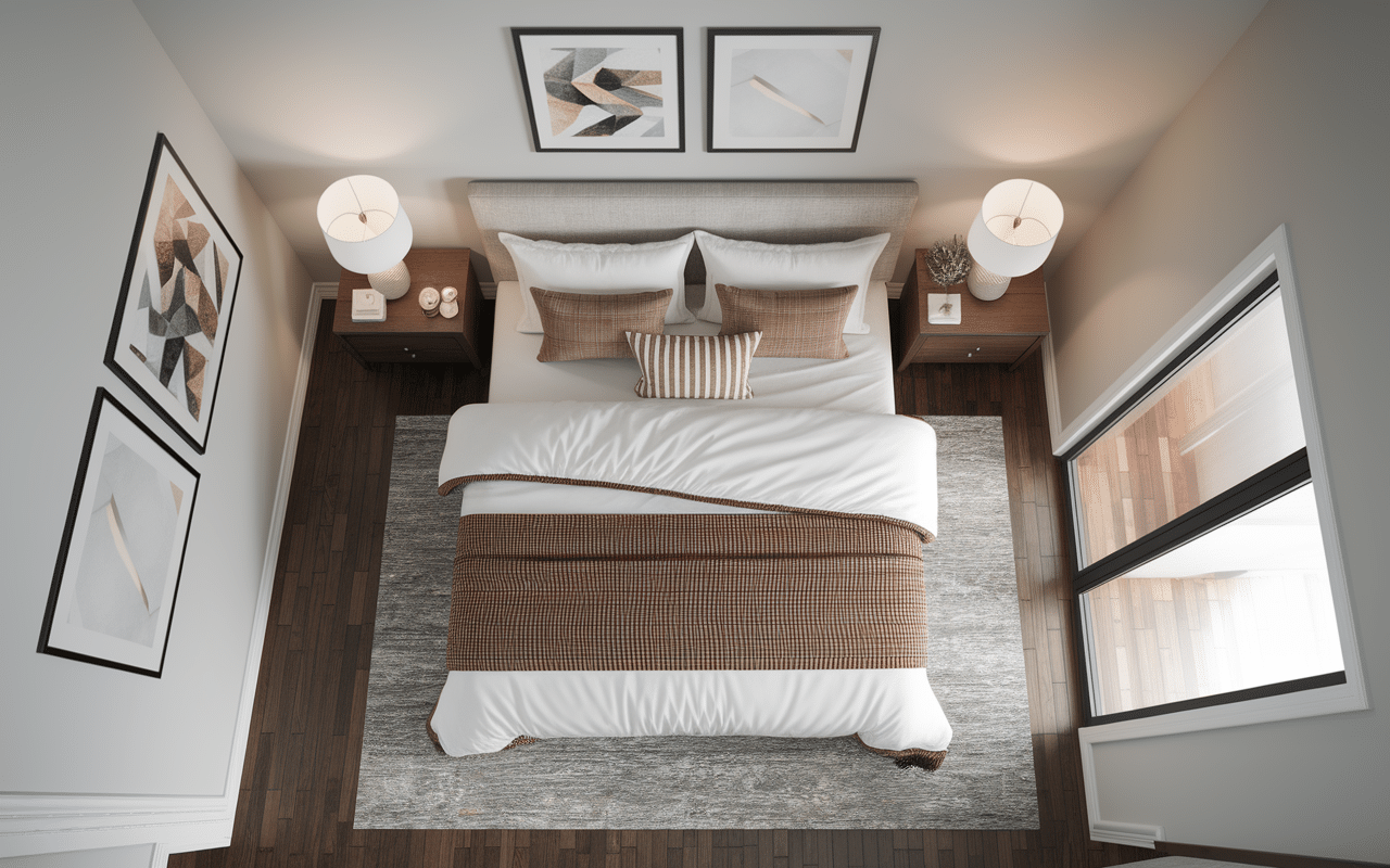 Vue aérienne chambre feng shui avec lit face porte, tête de lit contre mur solide, circulation d'énergie fluide