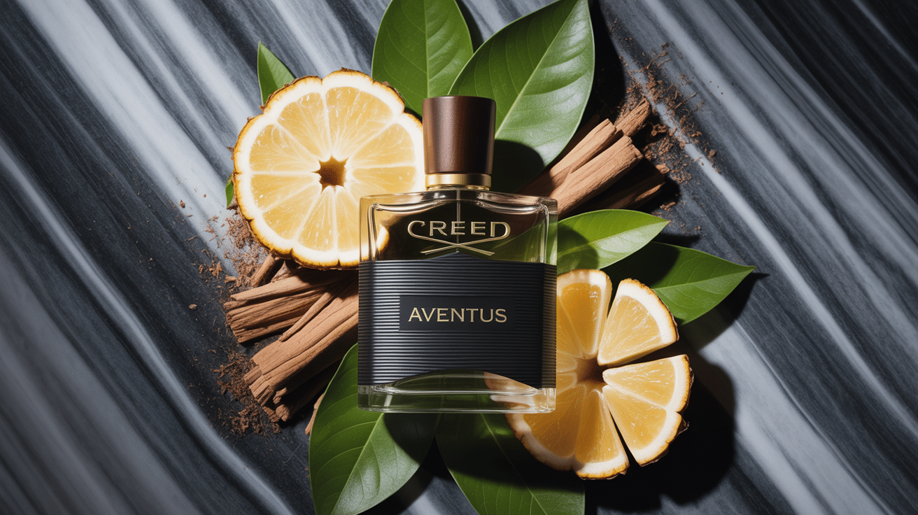 Élégant flacon Creed of Aventus sur marbre noir avec ananas et bergamote