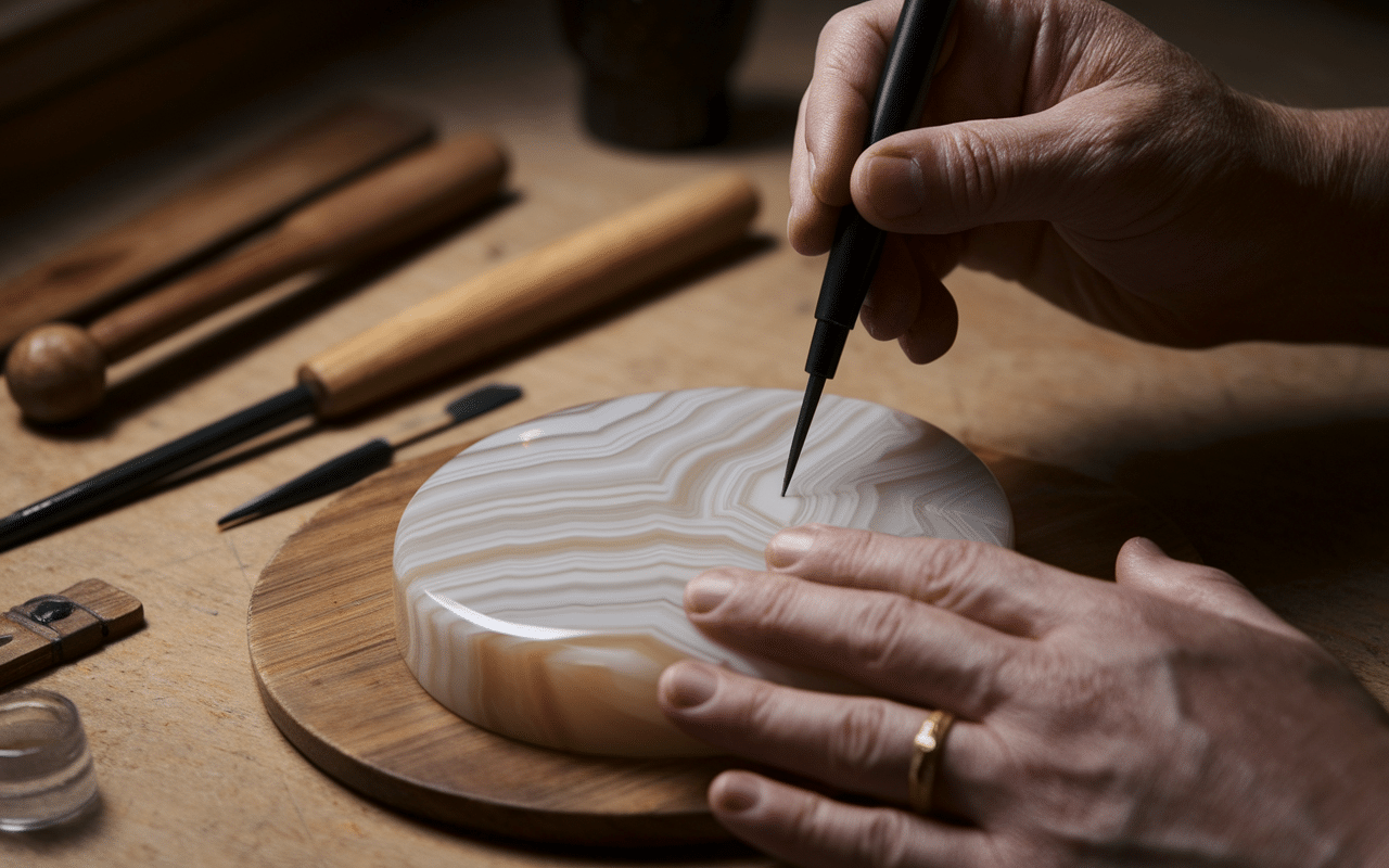 Artisan gravant un camée en agate