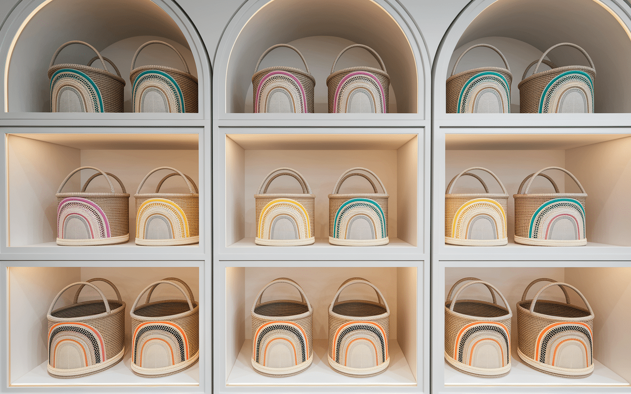 Baskets arc-en-ciel en vitrine moderne