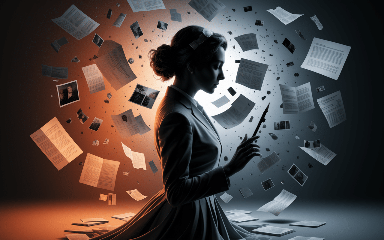 Silhouette mystérieuse de Yuliana Yassimova avec indices flottants