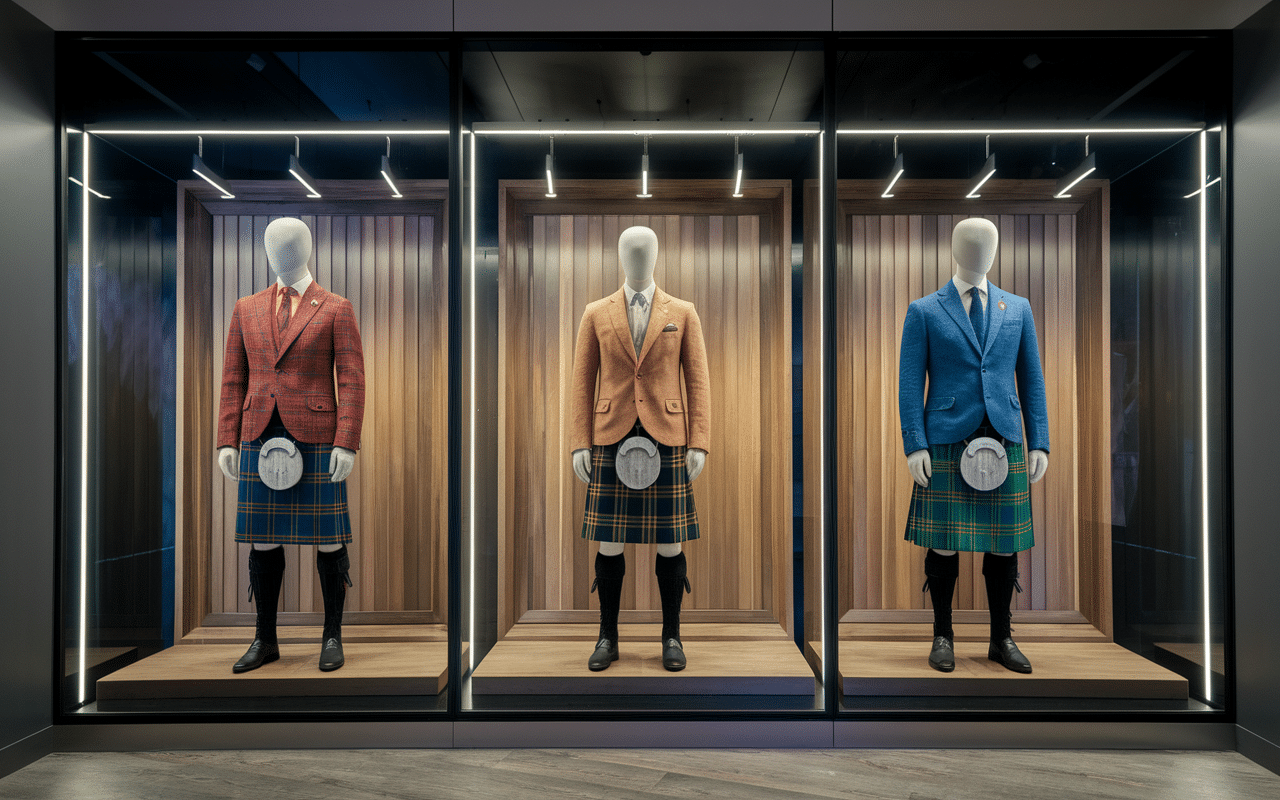 Différents styles de kilts modernes pour homme exposés