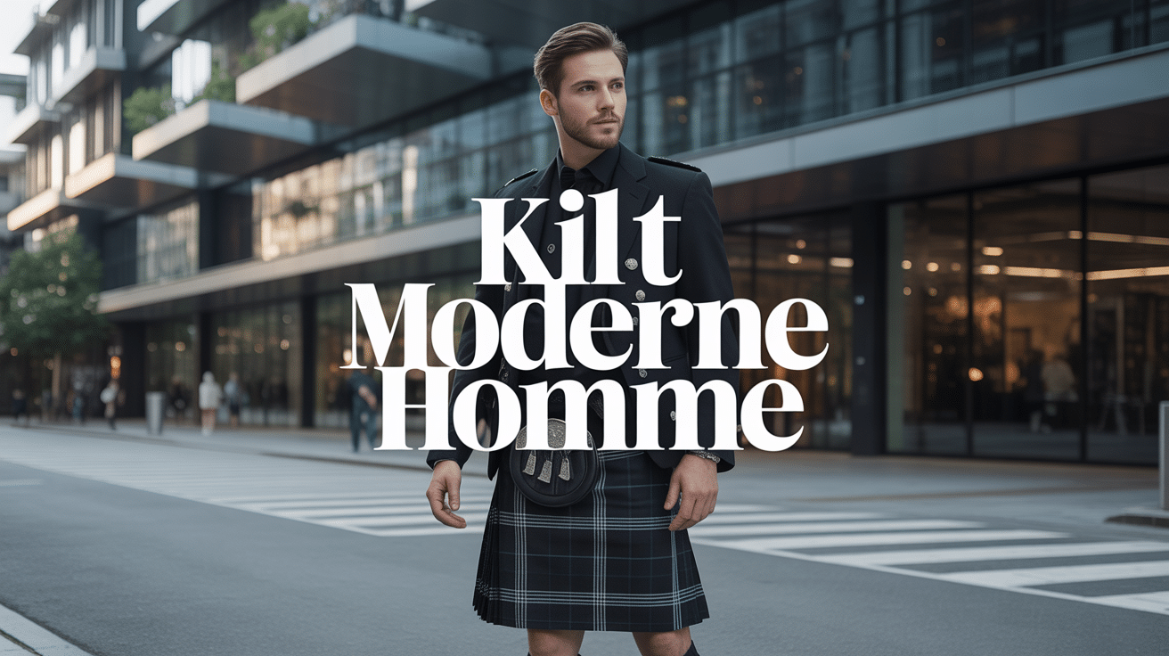 Homme portant un kilt moderne noir en environnement urbain