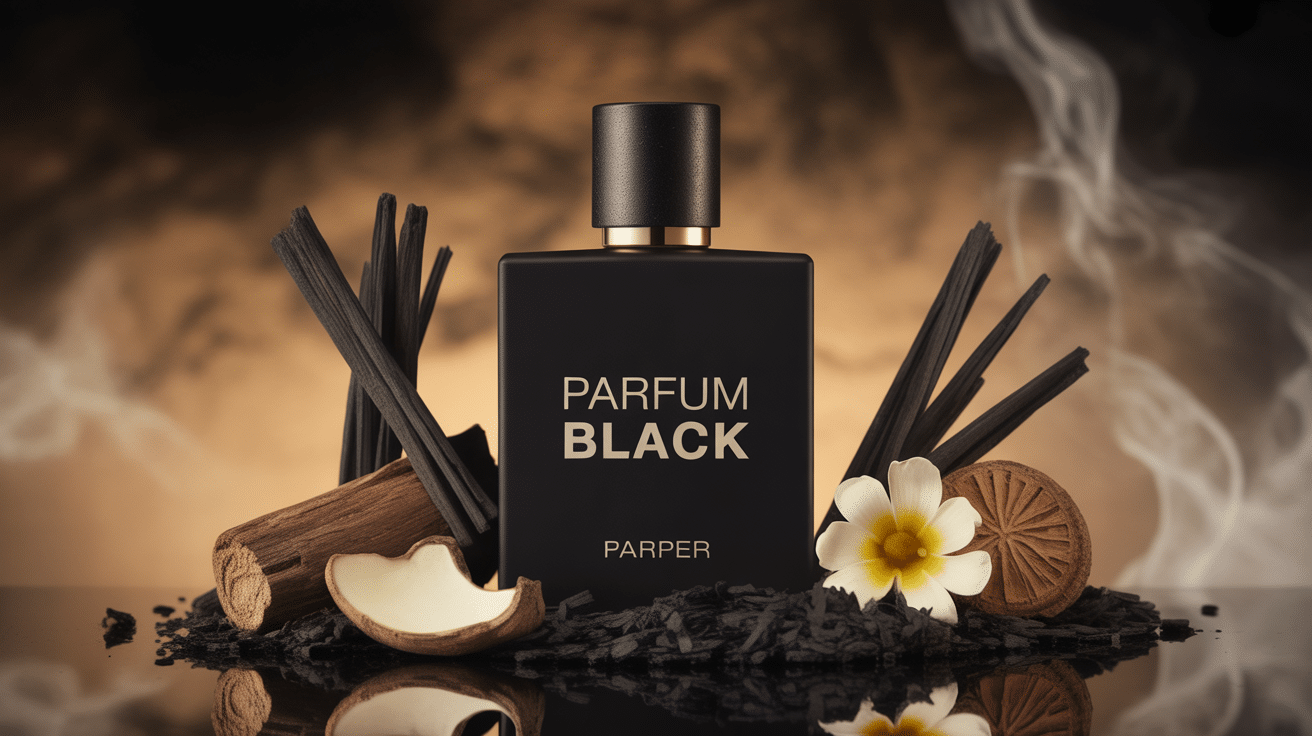 parfum black flacon noir mat sur fond sombre