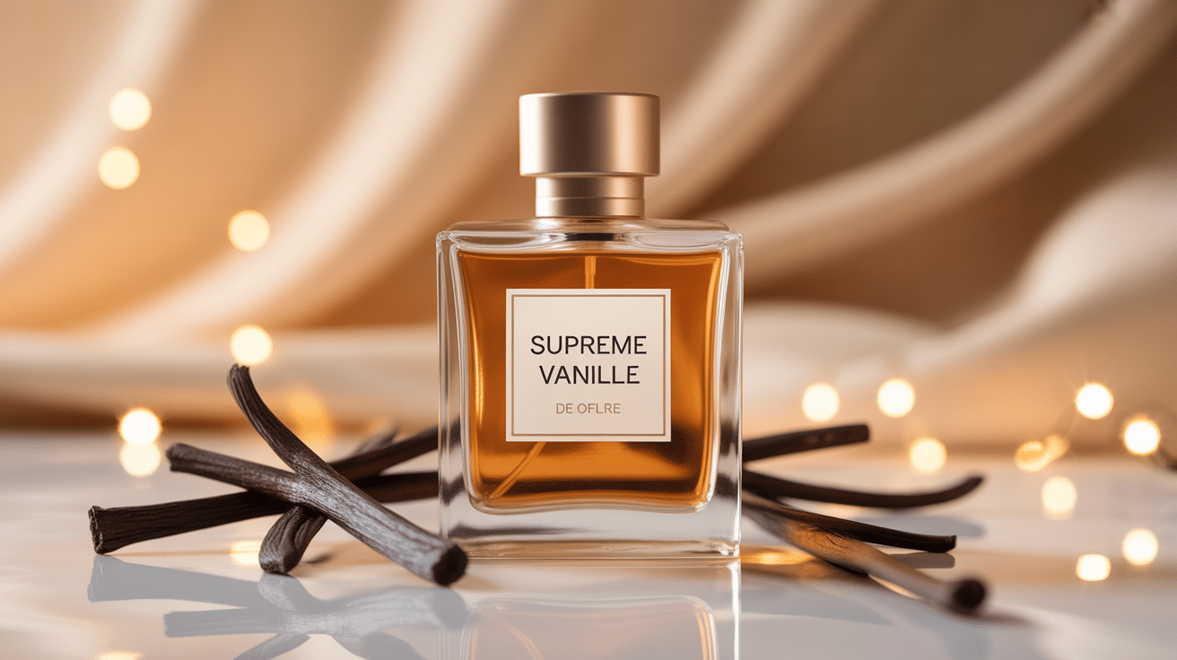 Flacon doré parfum Supreme Vanille sur fond luxueux
