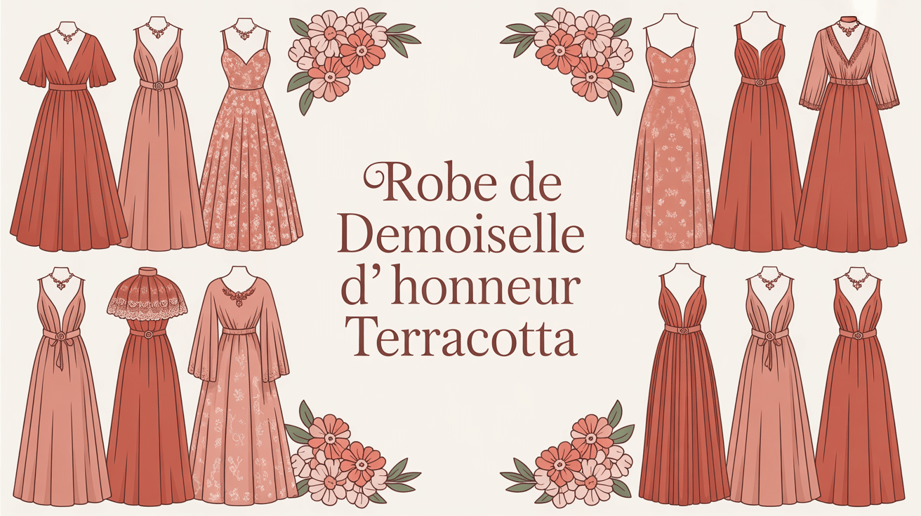 Illustration robe demoiselle d'honneur terracotta accessoires dorés bouquets pastel