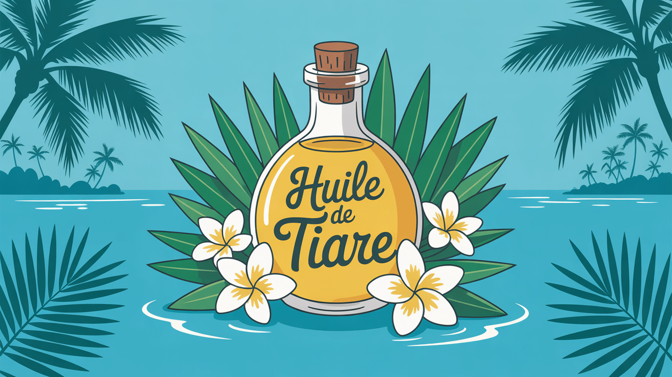 huile de tiaré illustration flacon fleurs tropicales