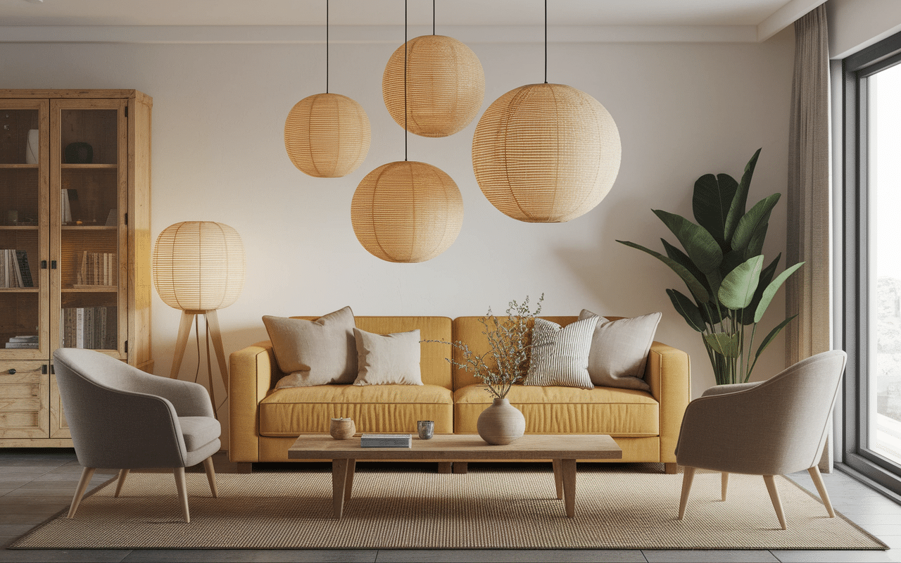 Lampes japonaises zen dans salon japandi