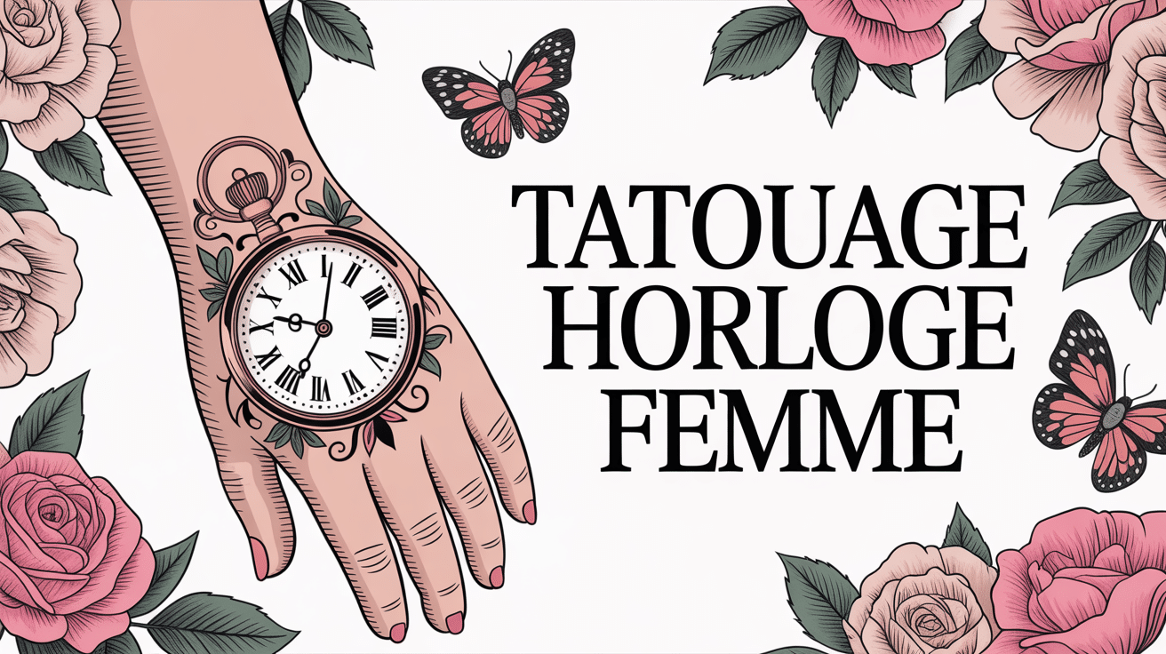 tatouage horloge femme réaliste avec roses et papillons poignet