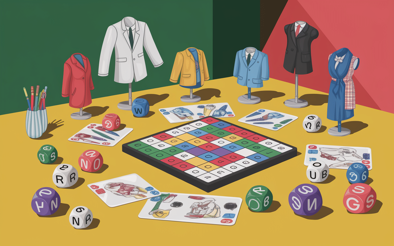 Jeux lettres vetement en q, dés, plateau, vêtements miniatures