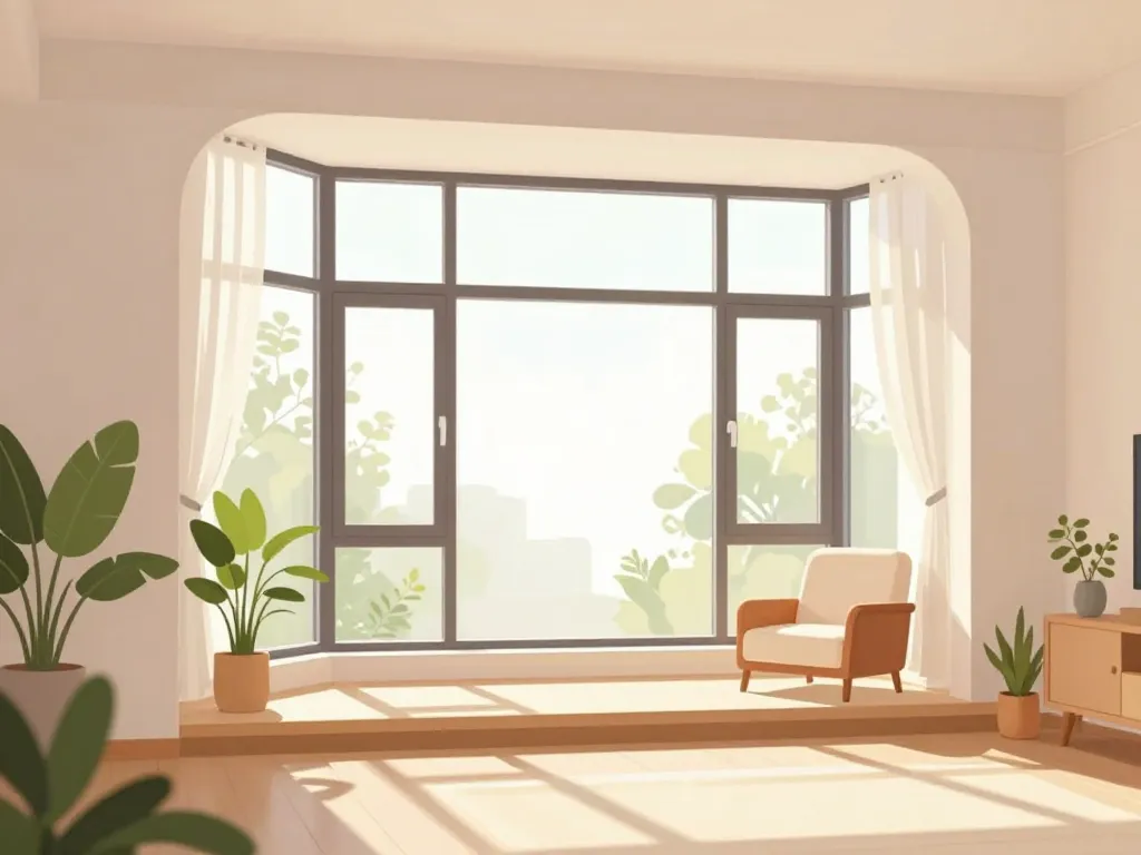 Bow windows éclairent salon et créent espace chaleureux