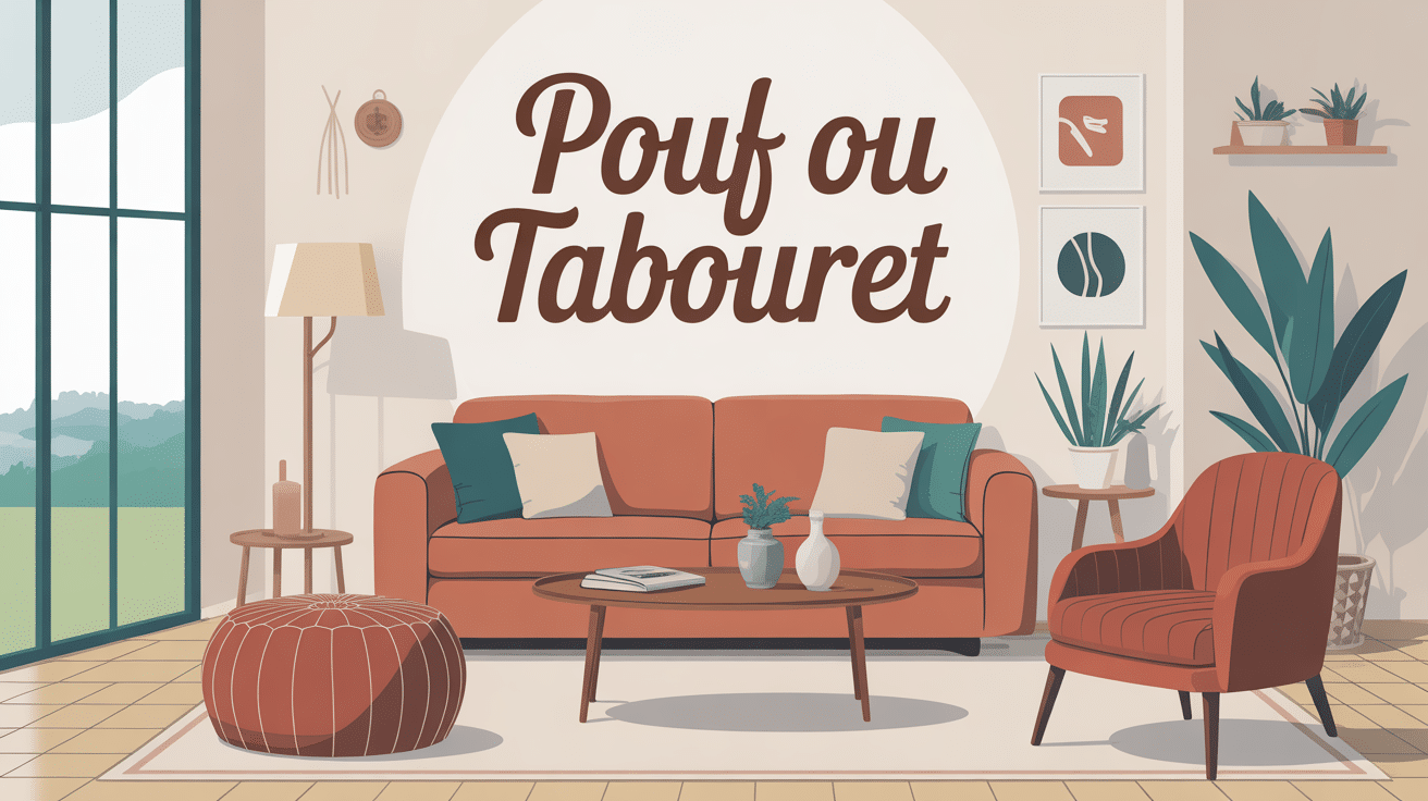 Salon lumineux avec pouf ou tabouret devant canapé