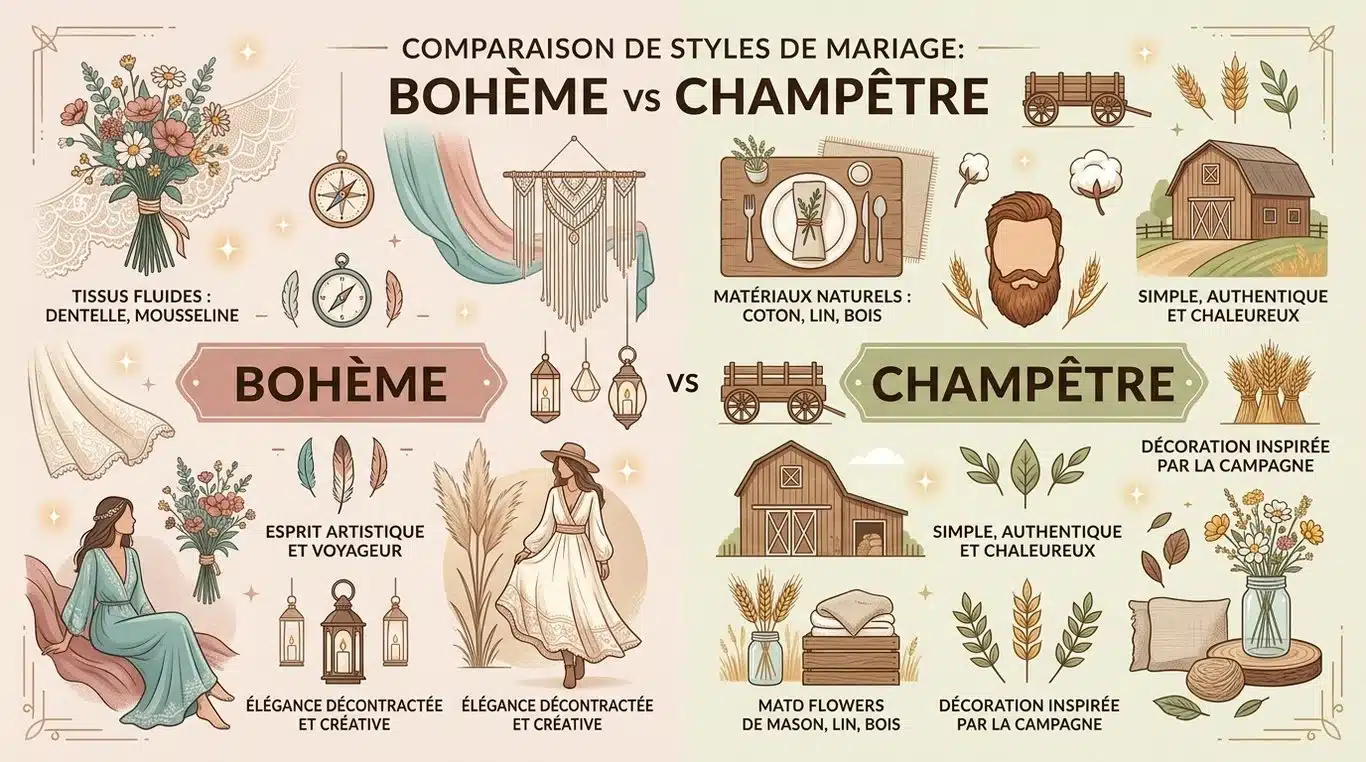 Infographie comparative : style bohème vs style champêtre pour robe de mariée