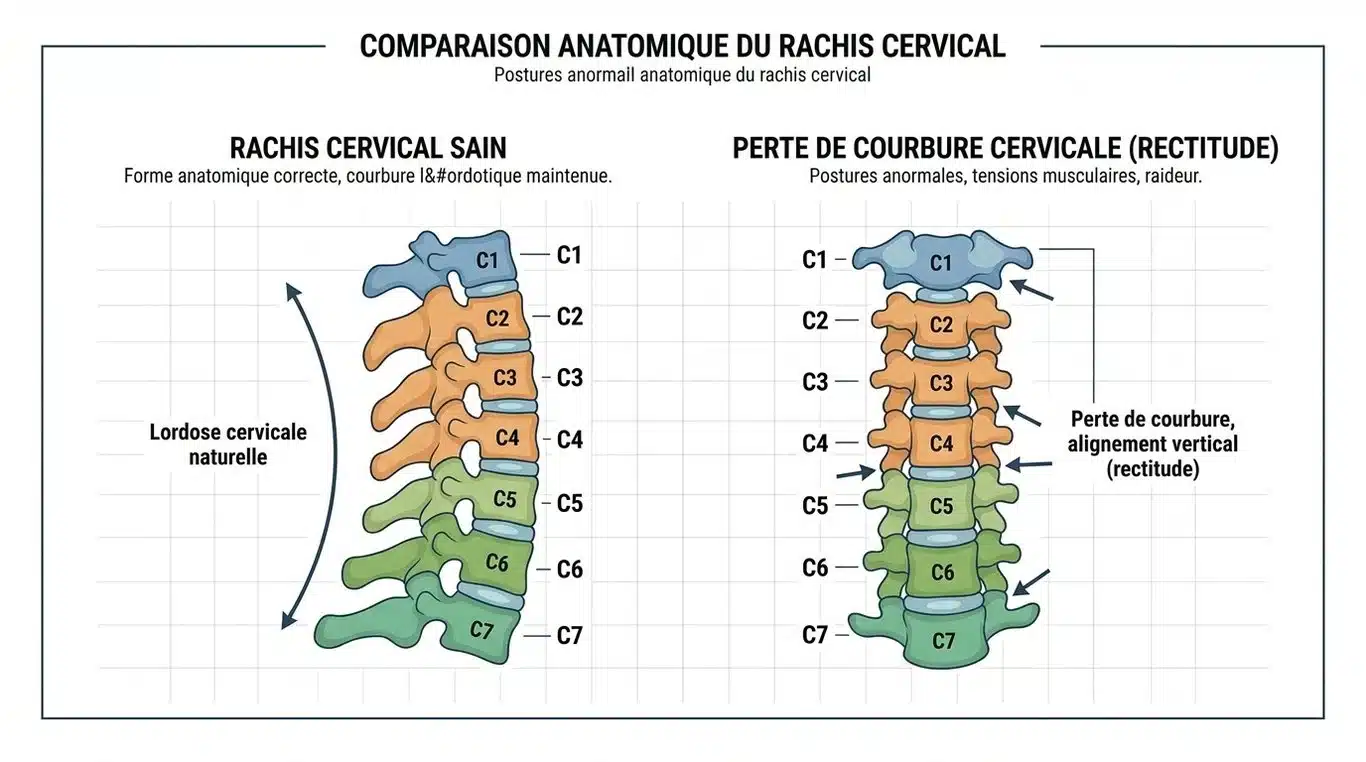 Schéma anatomique comparant une courbure cervicale normale (lordose) et une rectitude du rachis cervical.
