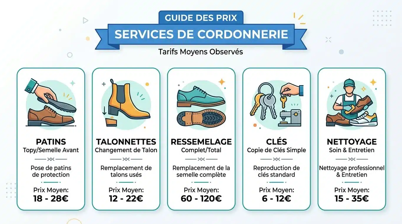 Infographie récapitulative des services et tarifs moyens en cordonnerie