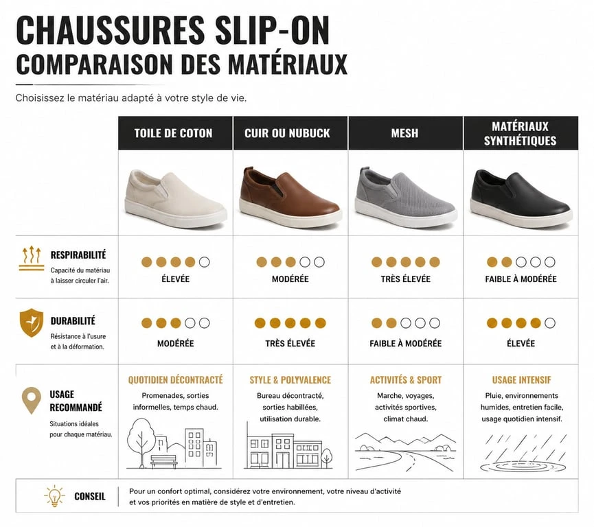 Infographie comparative des matériaux de chaussures slip-on : toile, cuir, mesh et synthétique
