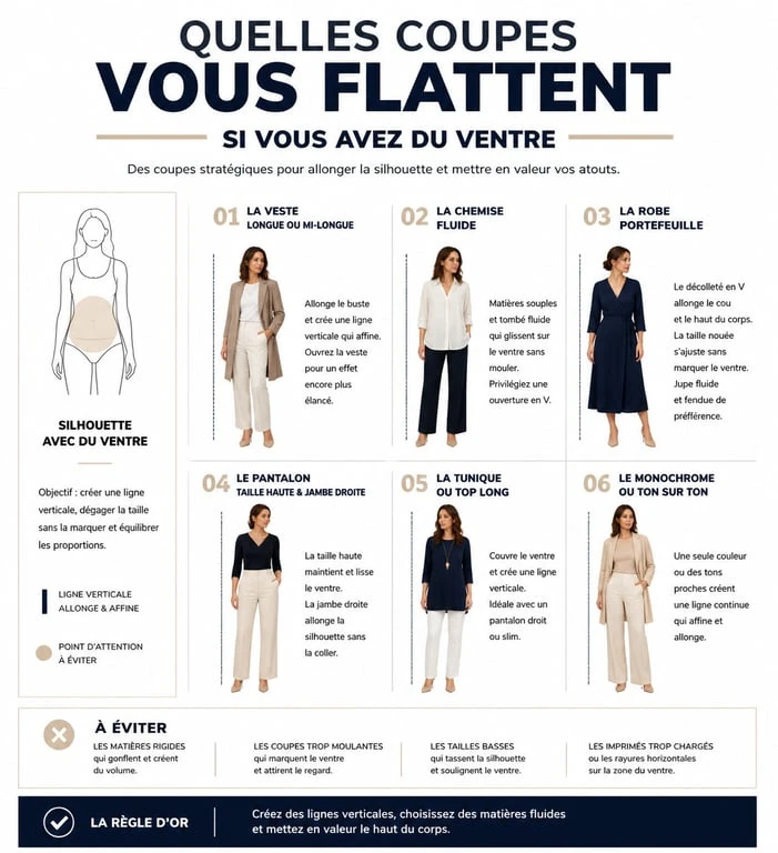Infographie des conseils vestimentaires pour s'habiller quand on a du ventre