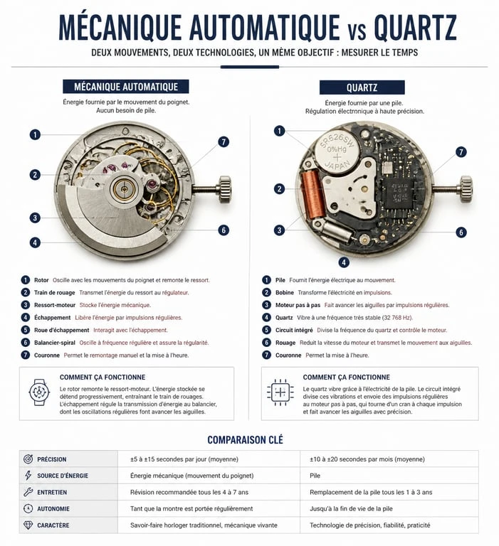 Infographie comparative des mouvements de montre homme mécanique et quartz