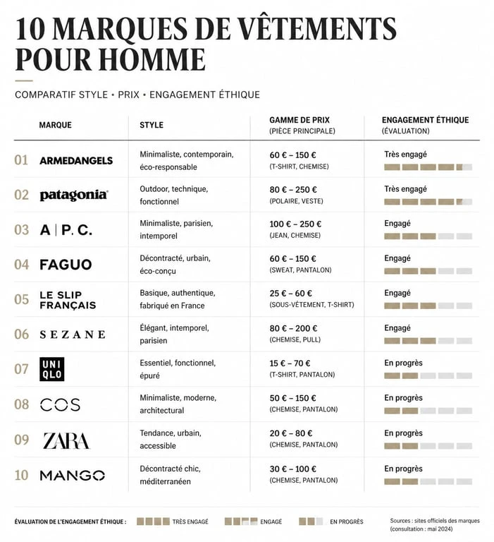 Infographie comparative des 10 meilleures marques de vêtements pour homme : style, prix et éthique.