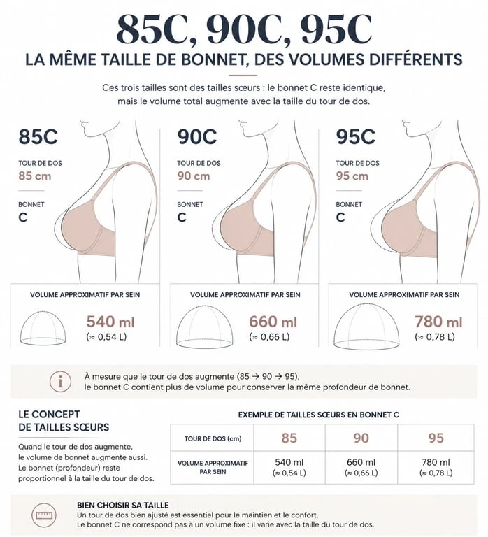 Infographie comparative des tailles de soutien-gorge 85C, 90C et 95C pour comprendre le volume de la poitrine
