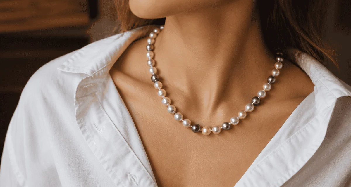 perle en collier sur cou féminin