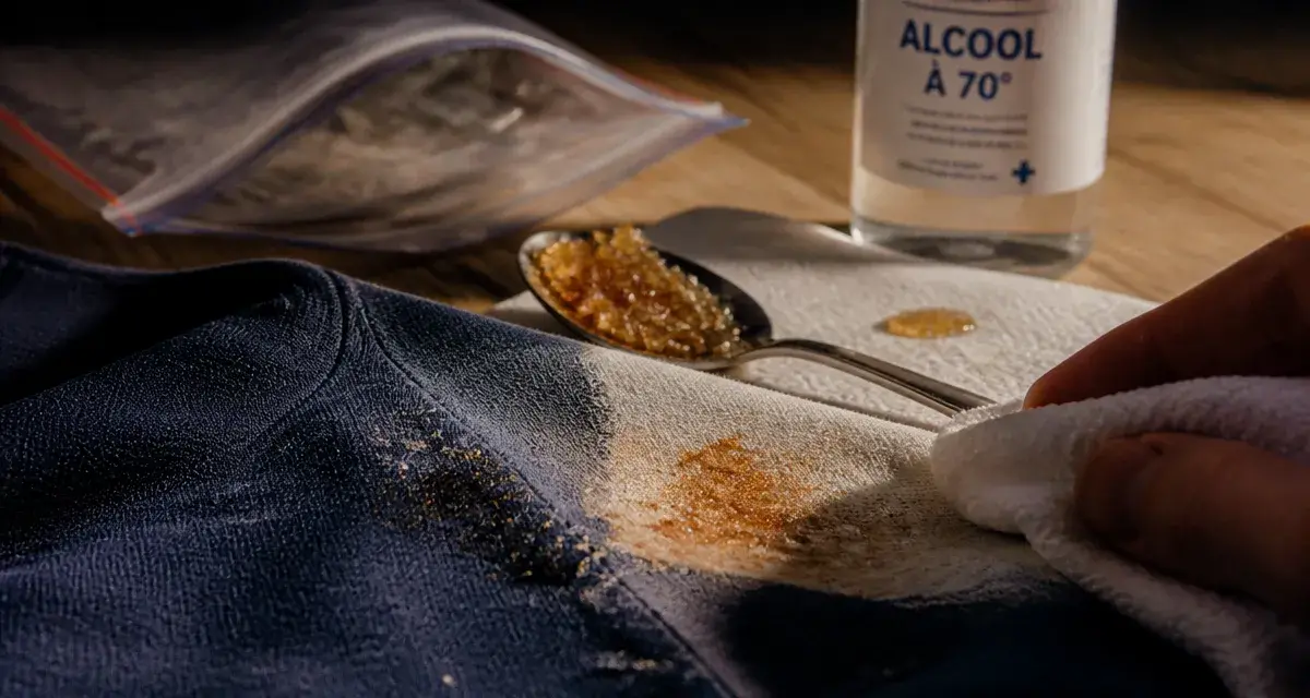 Enlever des taches de resine sur tissu coton : alcool 70° et congélation
