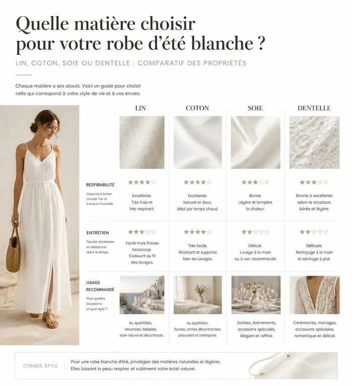 Infographie comparative des matières pour choisir sa longue robe blanche d'été : lin, coton, soie et dentelle