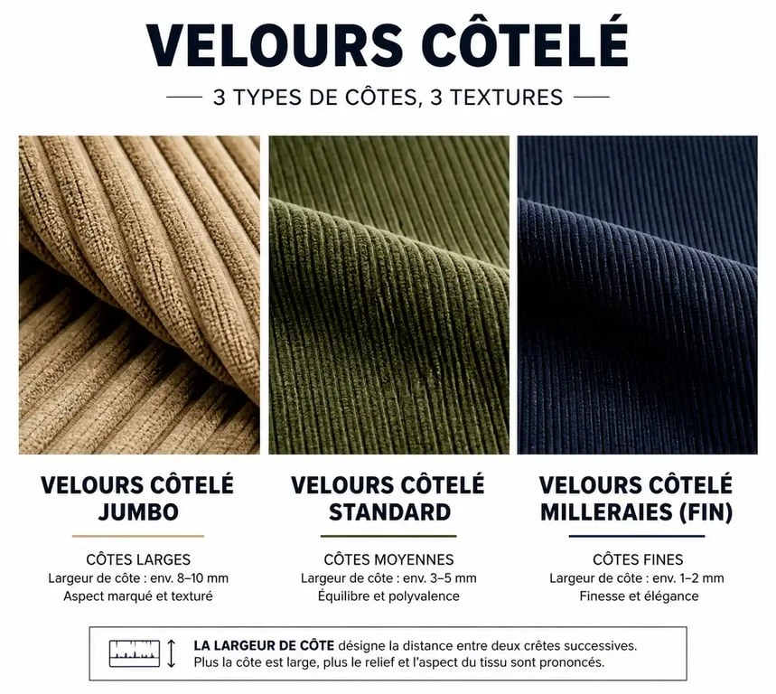 Comparaison visuelle des textures de matières côtelées : velours jumbo, standard et milleraies.