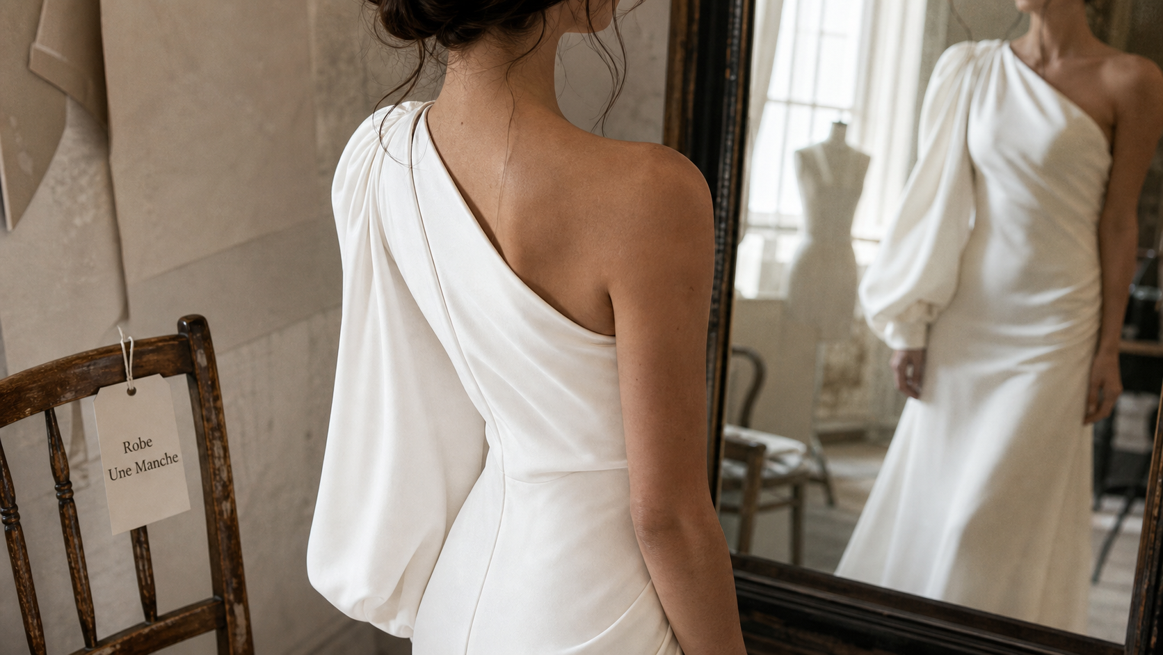 Robe blanche une manche asymétrique, manche drapée devant miroir