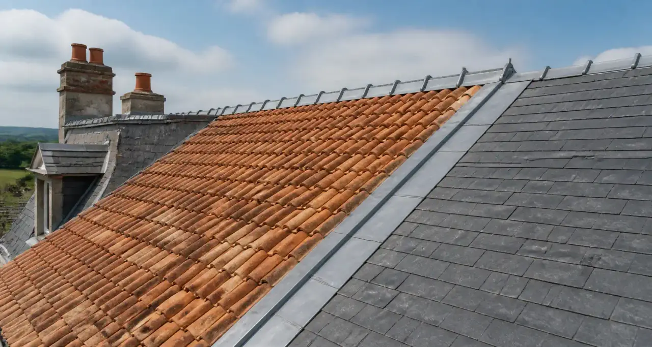 Toit traditionnel en rénovation mêlant tuiles terracotta, ardoise naturelle et faîtage zinc sous un ciel bleu clair