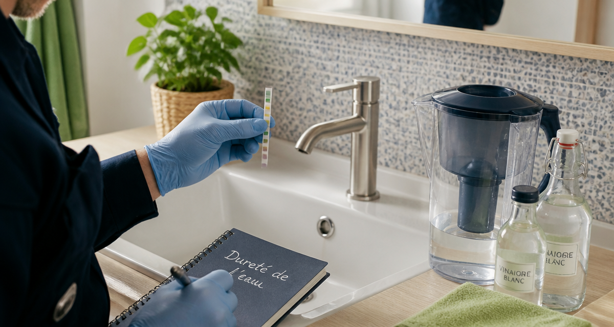 eau calcaire solution test dureté bandelette salle de bain