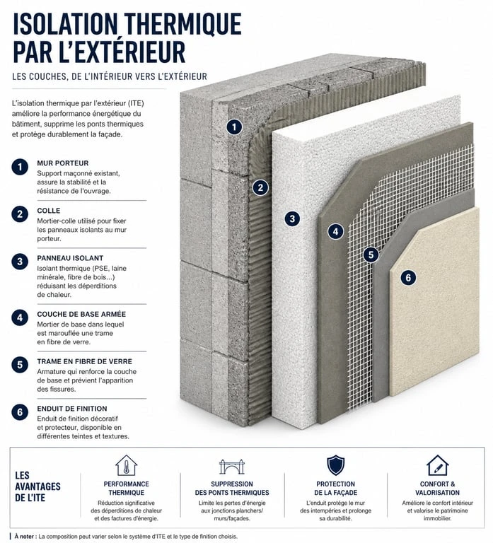 Schéma des couches d'une isolation thermique par l'extérieur