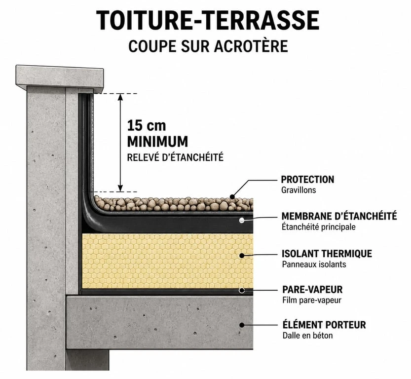 Schéma technique de la hauteur acrotère et relevé d'étanchéité sur toiture terrasse