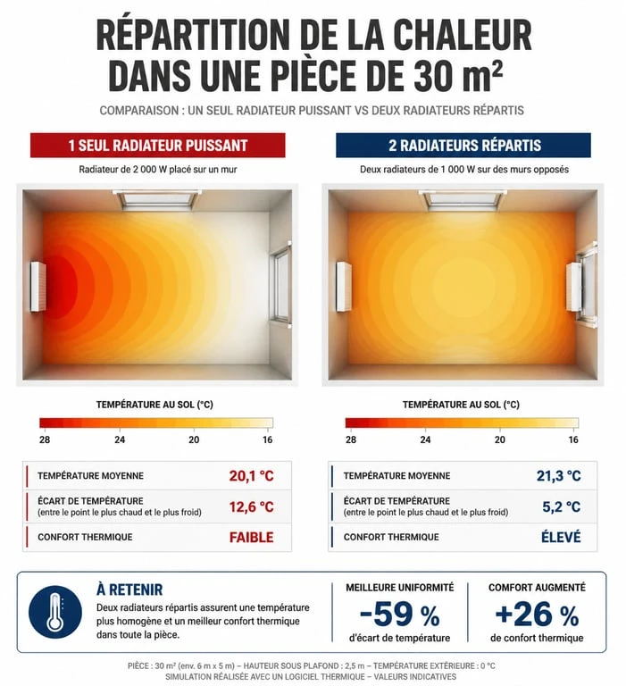 Comparaison répartition chaleur 1 vs 2 radiateurs pour 30m2