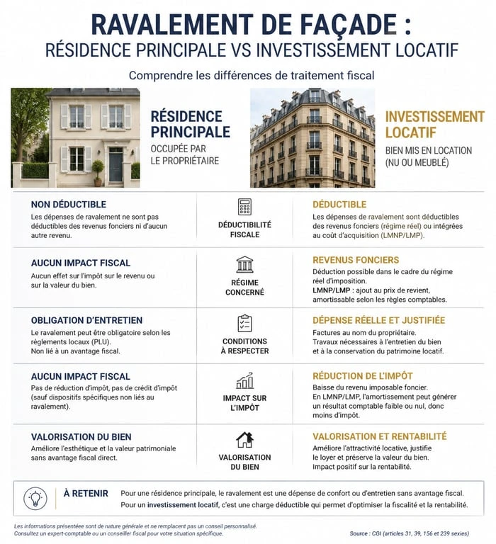Comparatif fiscal ravalement de façade résidence principale et investissement locatif