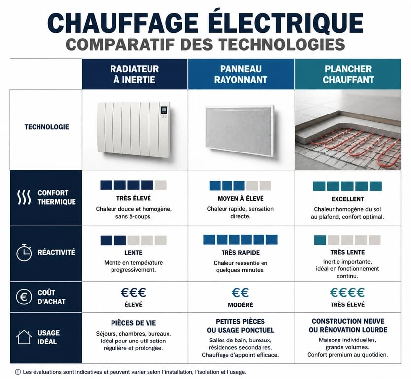 Comparatif des technologies de chauffage individuel électrique : inertie, rayonnant et plancher chauffant