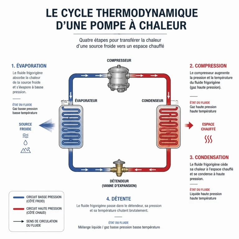 Schéma du fonctionnement d'une pompe à chaleur : cycle thermodynamique
