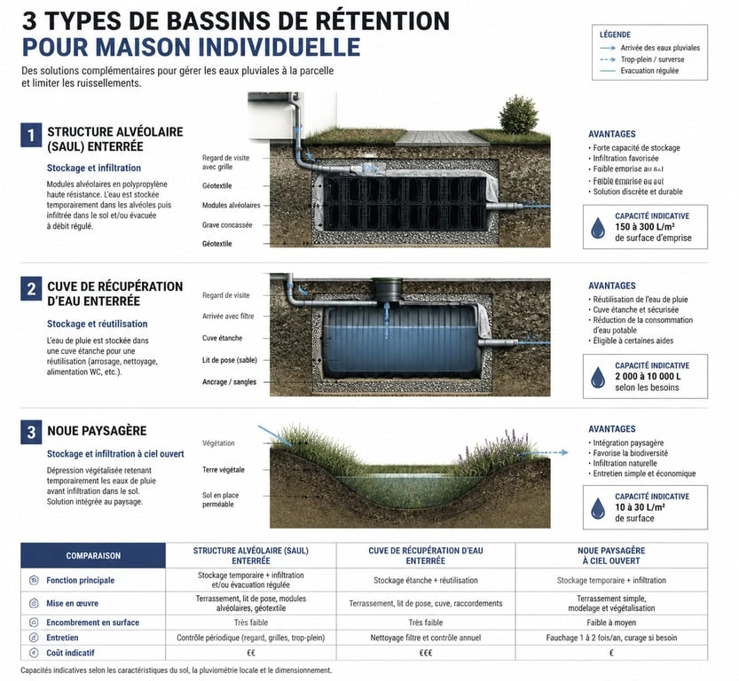 Schéma des différents types de bassins de rétention pour maison individuelle : SAUL, cuve enterrée et noue paysagère.