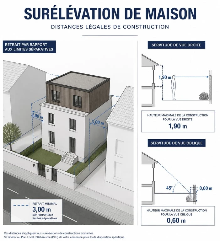 Schéma des distances légales et servitudes de vue pour un projet de surélévation de maison