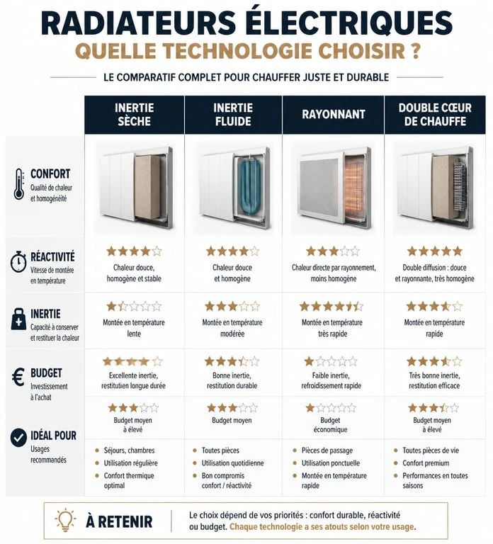 Infographie comparative des technologies de radiateurs électriques pour choisir le meilleur modèle