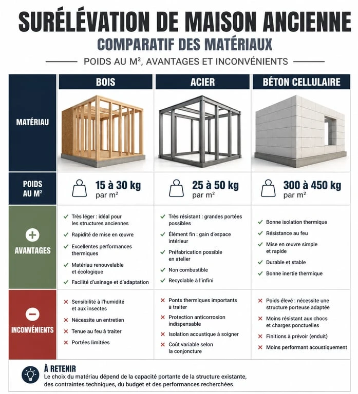 Comparatif des matériaux pour surélévation de maison ancienne : bois, acier et béton cellulaire