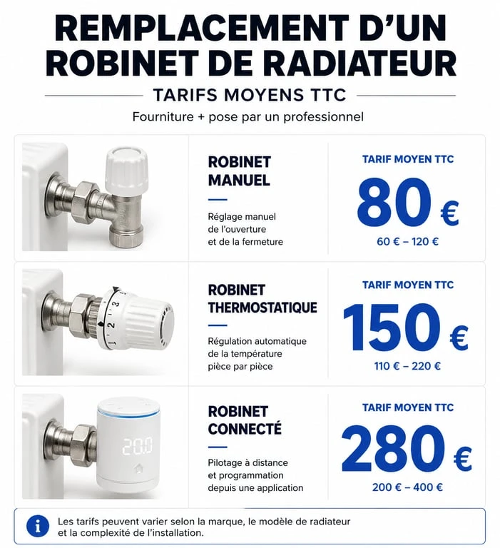 Infographie des prix moyens pour changer un robinet de radiateur manuel, thermostatique ou connecté