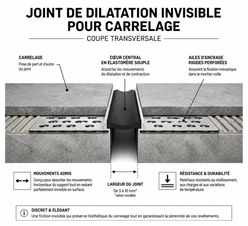 Schéma technique d'un joint de dilatation invisible pour carrelage