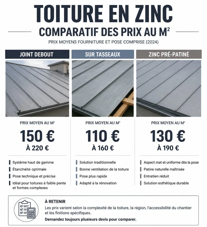 Comparatif des prix au m² des techniques de pose de toiture en zinc